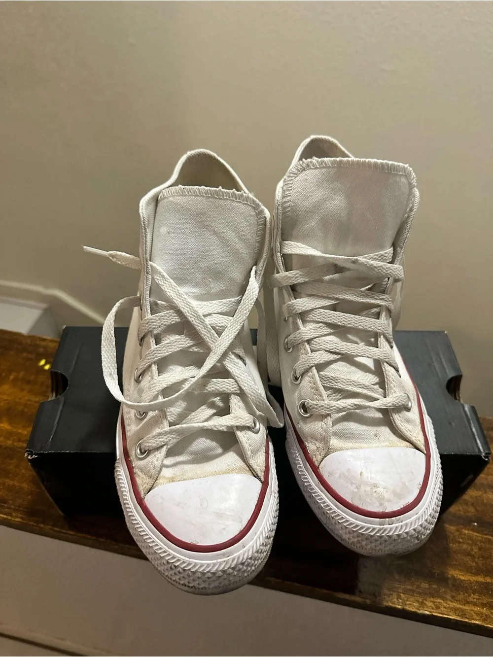 Converse White High Top' Sneakers with Red Stripe